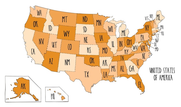 Mão desenhada mapa do vetor dos estados unidos da américa.