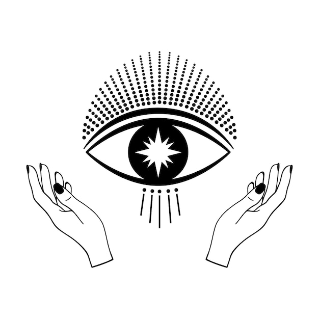 Vetor mão desenhada olho místico com mãos de mulher e estrela na arte de linha. espaço celestial de símbolo espiritual. talismã mágico, estilo antigo, boho, tatuagem, logotipo. ilustração vetorial isolada em fundo branco