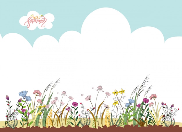Vetor mão desenhada ornamentos florais para a primavera ou verão. flores selvagens bonito dos desenhos animados com céu e olá letras de verão