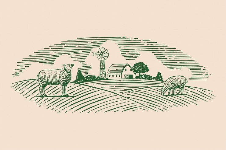 Mão desenhada ovelhas no pasto,