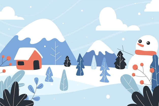 Mão desenhada paisagem de inverno com boneco de neve