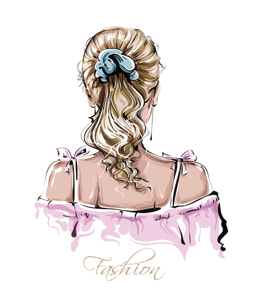 Mão desenhada penteado de mulher jovem e bonita. elegante cabelo loiro feminino. olhar de moda mulher.