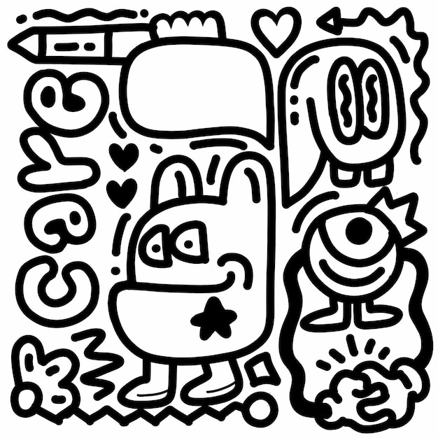 Mão desenhada personagens de quadrinhos bonitos engraçados abstratos. desenhos de desenhos animados com temas de cuidados com a palavra cuidados escritos em estilo doodle