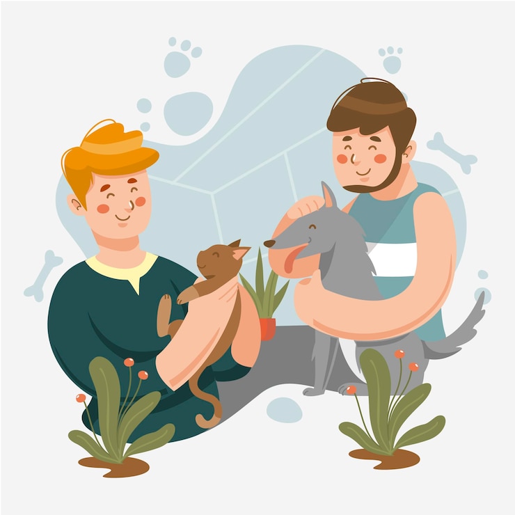Vetor mão desenhada pessoas com gato e cachorro