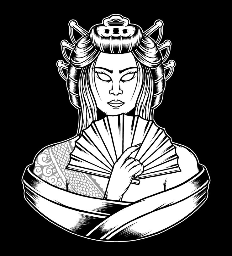 Vetor mão desenhada rainha da ilustração de gueixa. vetor premium