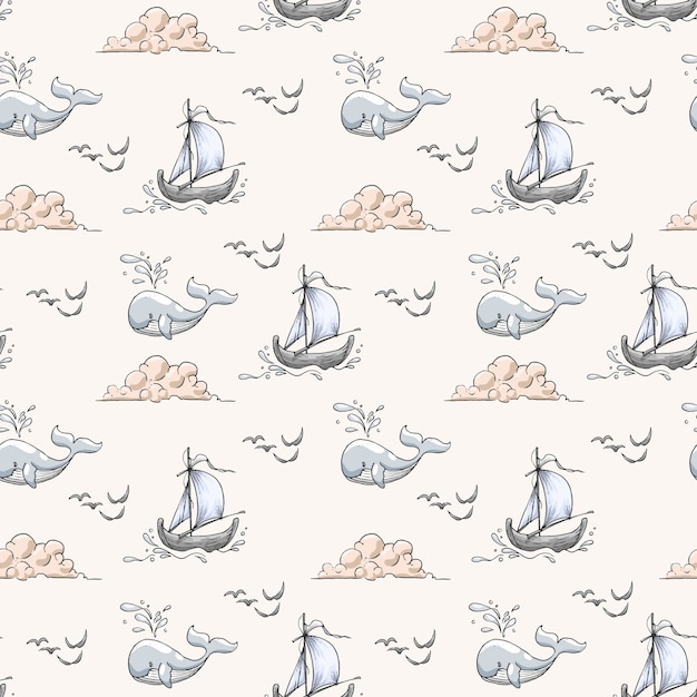 Mão desenhada sea life seamless pattern com baleia, barco nuvem e aves marinhas