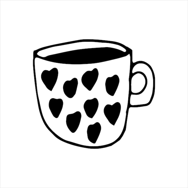 Mão desenhada uma xícara de café, chocolate, cacau, americano ou cappuccino. com padrão de corações. ilustração em vetor doodle.