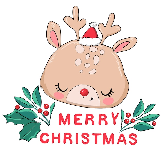 Mão desenhada veado pequeno bonito e um design de impressão de Natal. Ilustração vetorial.