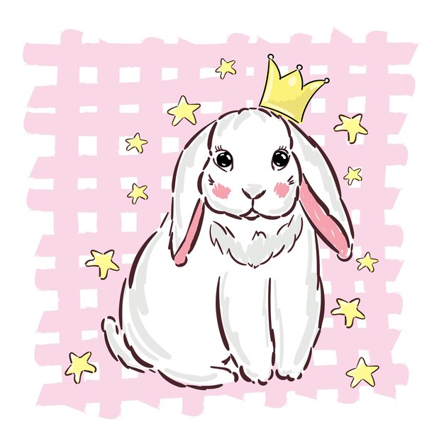Mão desenhada vector princesa coelho coelhinho fofo personagem de desenho animado impressão