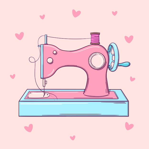 Vetor mão desenhada velha máquina de costura rosa sobre fundo rosa com corações.