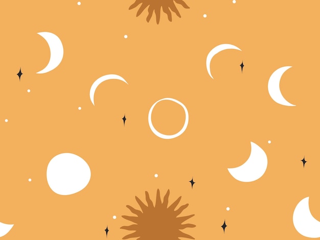 Mão desenhada vetor abstrato estoque plano gráfico ilustração desenho padrão sem emenda com o sol da lua celeste e estrelas místicas e formas de colagem simples isoladas em fundo dourado