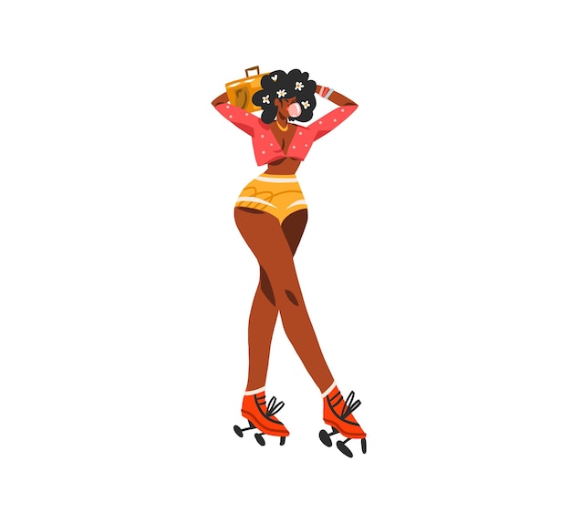 Vetor mão desenhada vetor abstrato estoque plano moderno ilustração gráfica personagem de jovem feliz discoteca retrô vintage garota afro-americana patinação de rolos90 conceito de impressão vintageretro vector vector people design