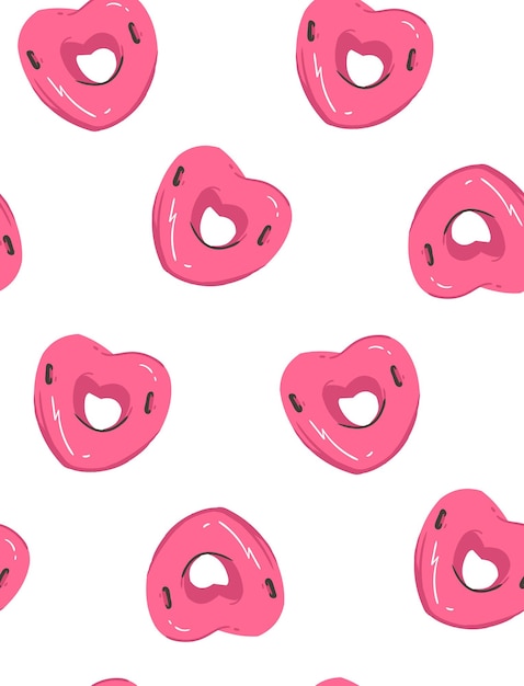 Mão desenhada vetor abstrato horário de verão divertido padrão perfeito com anel flutuante de bóia de piscina em forma de coração rosa isolado em fundo branco