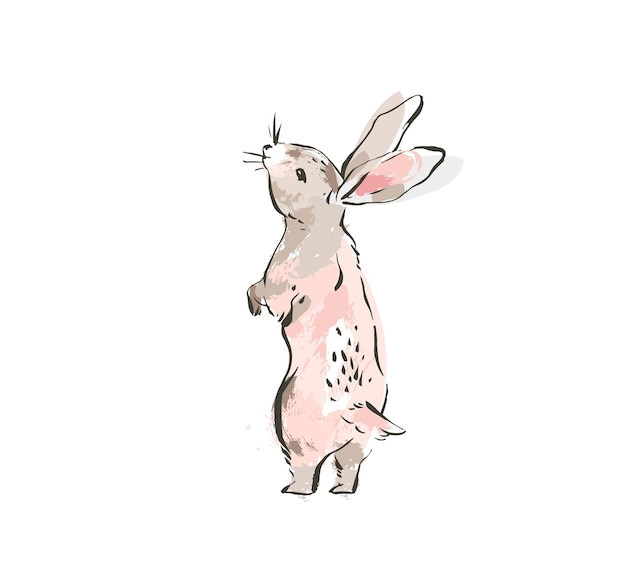 Mão desenhada vetor abstrato tinta desenho gráfico escandinavo feliz páscoa ilustrações de coelho simples com texturas de colagem à mão livre em tons pastel, isolados no fundo branco
