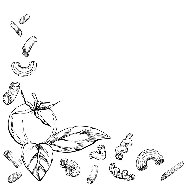 Vetor mão desenhada vetor tinta ilustração macarrão cozinha italiana tomate manjericão erva folhas cotovelos cavatappi penne espirais quadro de canto isolado em branco restaurante menu comida loja pacote panfleto impressão