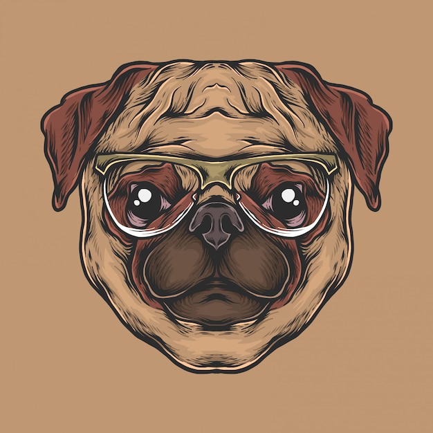 Vetor mão desenhando a cabeça de pug vintage com ilustração vetorial de óculos de sol