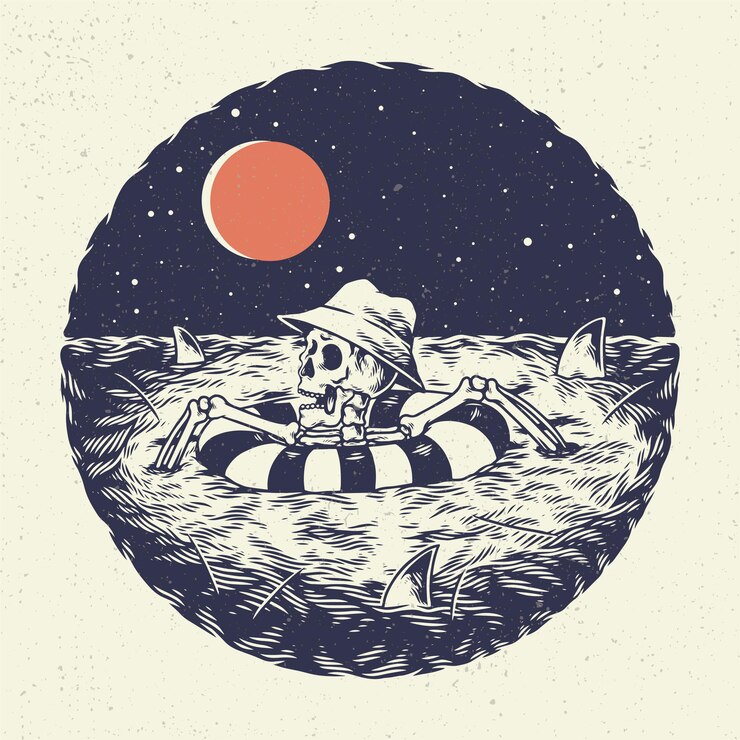 Vetor mão desenhando o crânio do esqueleto da ilustração, o conceito de esqueleto nadando com bóia e direcionado com o tubarão.