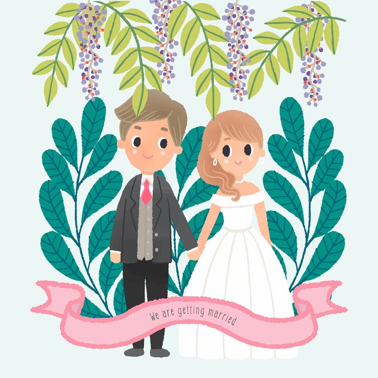 mão, desenhando, par casamento, personagem, ficar, lado a lado, folhas, quadro fundo