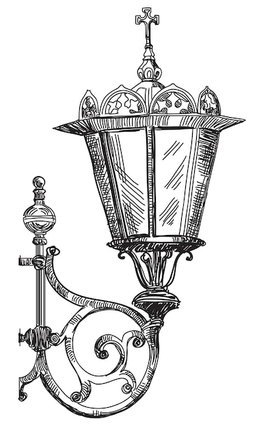 Vetor mão desenhando uma ilustração isolada de um poste de luz antigo (perto da catedral de cristo salvador em moscou) na cor preta sobre fundo branco