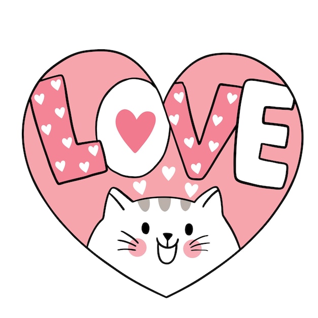 Mão desenhar desenho animado bonito do dia dos namorados, gato e