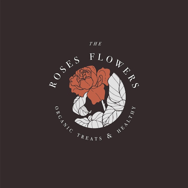 Mão desenhar ilustração de logotipo de flores rosas de vetor. coroa de flores. emblema floral botânico com tipografia.