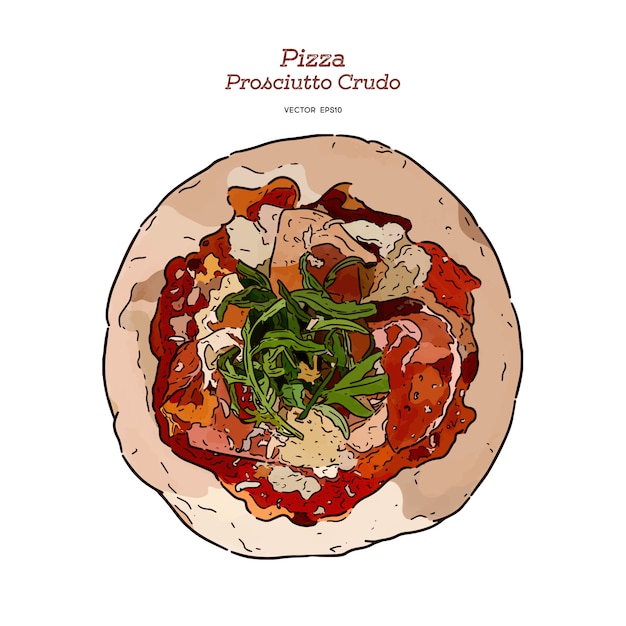 Mão desenhar pizza de presunto de parma