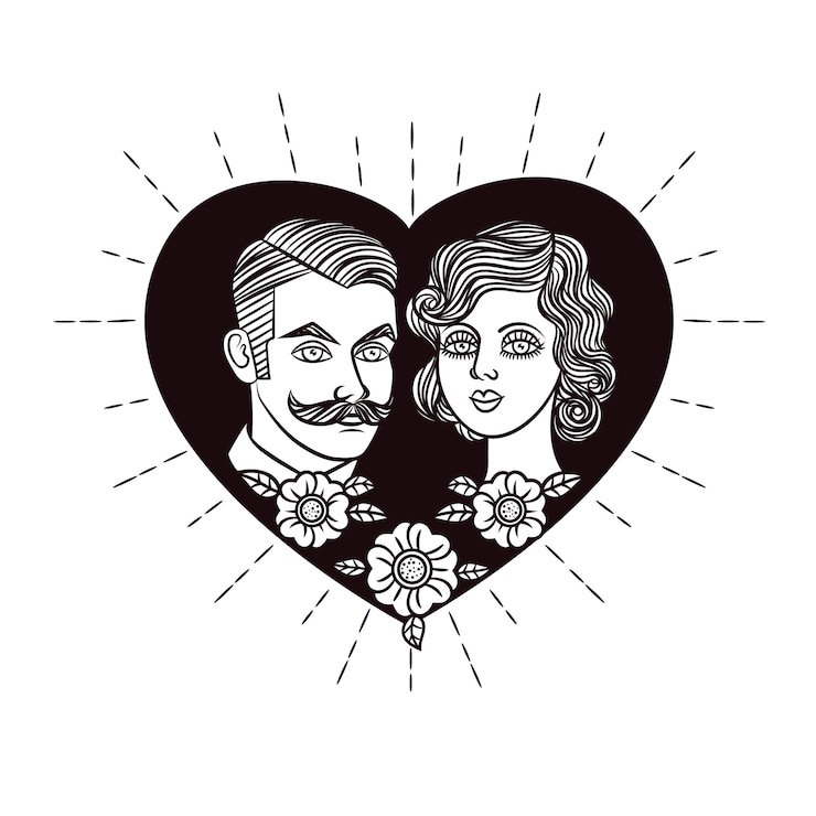 Vetor mão desenho ilustração coração retrato de casal.