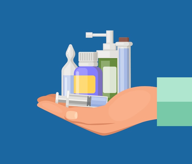 Medicamentos dos desenhos animados, poções e pílulas pilhas definido.  medicamento médico para a saúde, comprimidos de farmácia de medicina