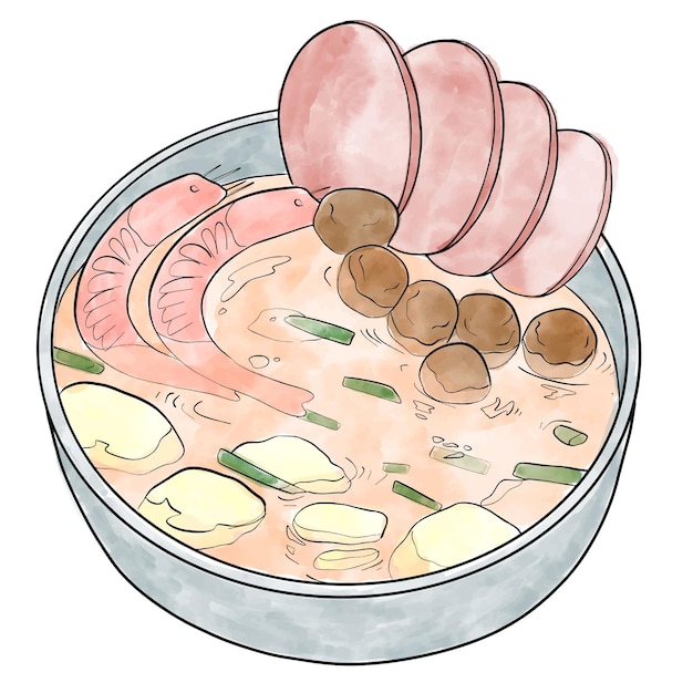 Vetor mão draw ilustração comida asiática. prato aquarela. menu de restaurante saboroso