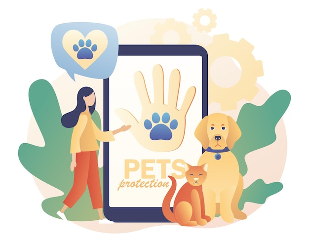 Mão e pata na tela do smartphone como suporte de símbolo e animais de estimação de amor resgate de animais e proteção de animais de estimação