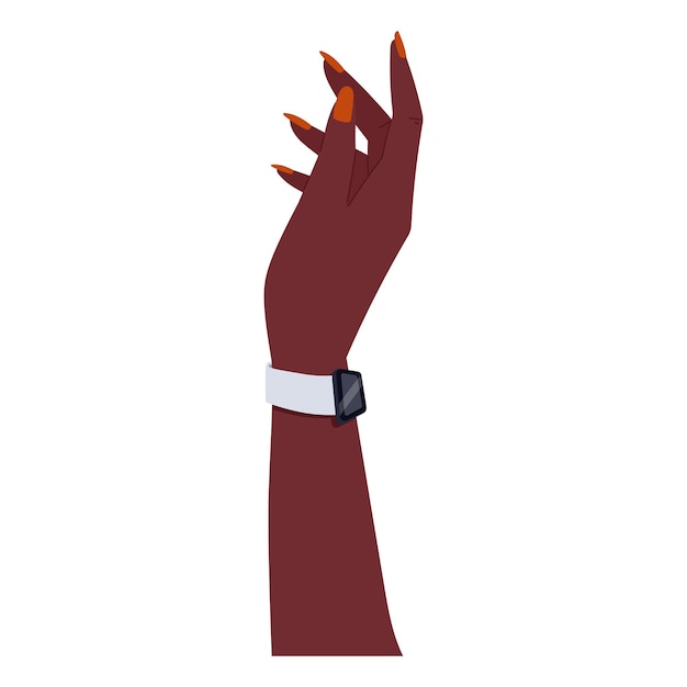 Mão elegante de uma mulher afro-americana com manicure vermelha e relógio inteligente vetor isolado braço feminino plano com pulseira de fitness no pulso