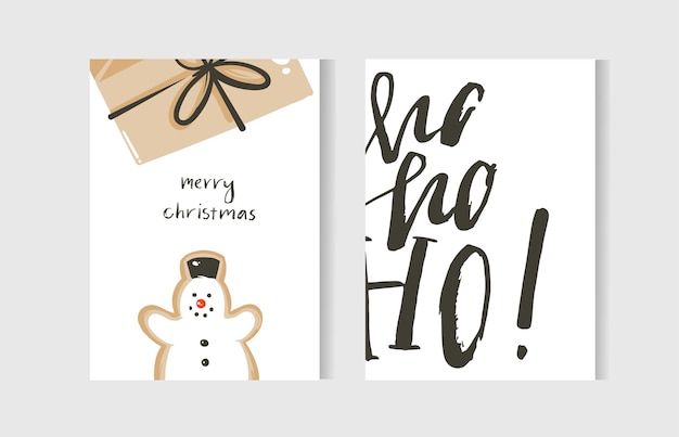 Mão-extraídas abstratas divertidas coleção de cartões dos desenhos animados do tempo do Feliz Natal com ilustrações bonitas, caixa de presente surpresa, boneco de neve e texto de caligrafia moderna manuscrita isolado no fundo branco.