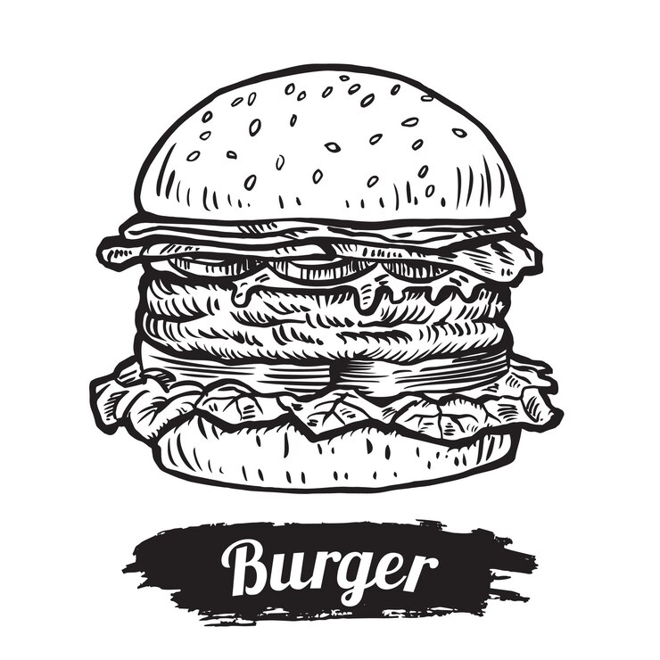 Mão-extraídas buger de carne com tomate e alface. Vetor