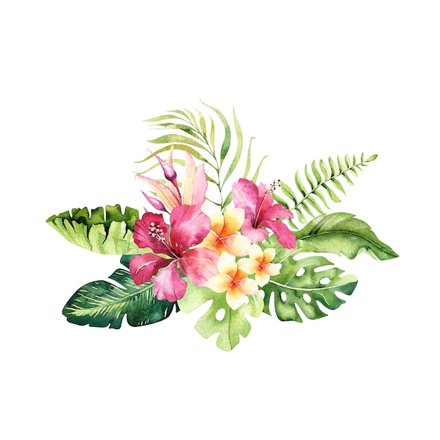 Mão-extraídas buquês de flores em aquarela tropical. Folhas de palmeira exótica, árvore da selva, elementos de botânica tropical do Brasil e flores.