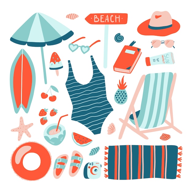 Mão-extraídas coleção de objeto de verão praia.