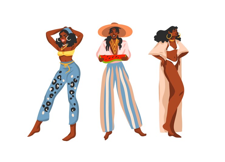 Vetor mão-extraídas coleção plana abstrata estoque ilustração gráfica definida com jovens afro-americanos felizes positivos positivos, mulheres de beleza em trajes de verão, isolados no fundo branco.