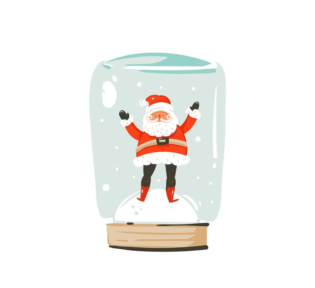 Mão-extraídas divertido abstrato cartão dos desenhos animados do tempo do feliz natal com ilustração bonita de papai noel na neve isolada no fundo branco.