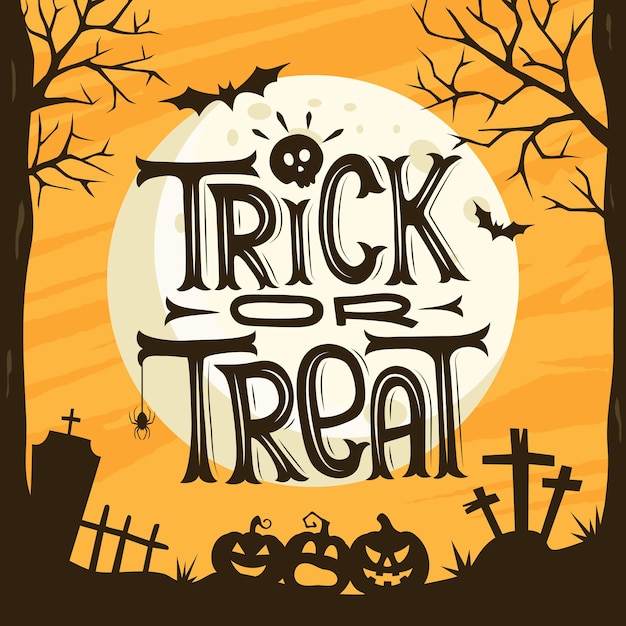 Mão-extraídas fundo de doces ou travessuras de Halloween. Pôster de Halloween de terror com letras de mão e elementos de decoração. Convite para festa, cartão ou banner com caligrafia desenhada à mão