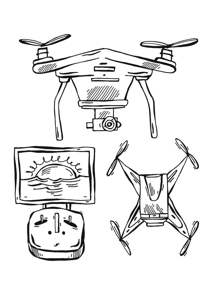 Vetor mão-extraídas ilustração alinhada de drones isolados no fundo branco.