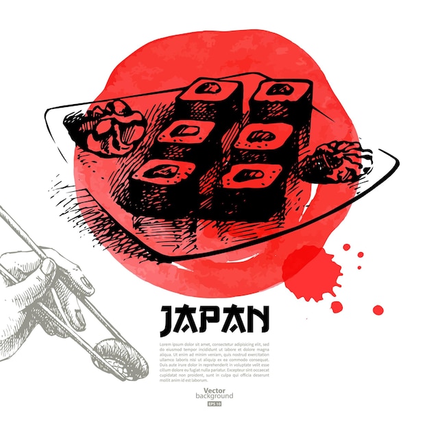 Mão-extraídas ilustração de sushi japonês. esboço e plano de fundo do menu em aquarela