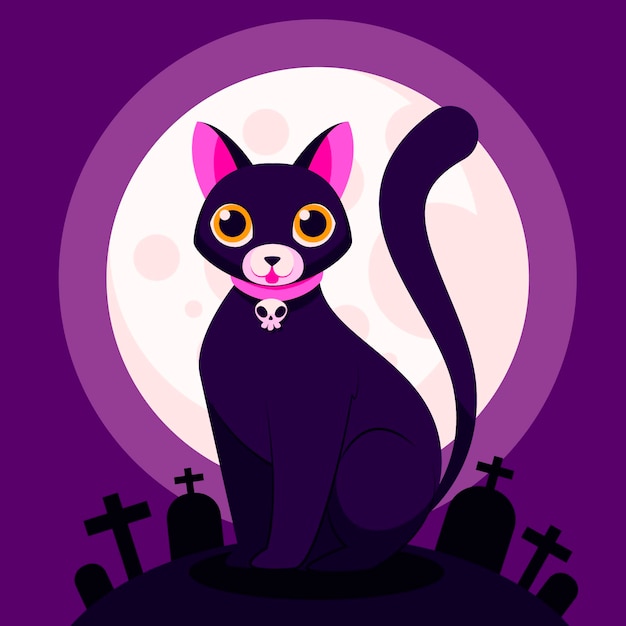 Mão-extraídas ilustração plana de gato de halloween