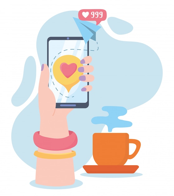 Mão feminina com smartphone como tecnologia e comunicação de rede social de xícara de café de site