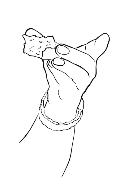 Vetor mão feminina com uma tortinha mordida e doodle de relógio linear