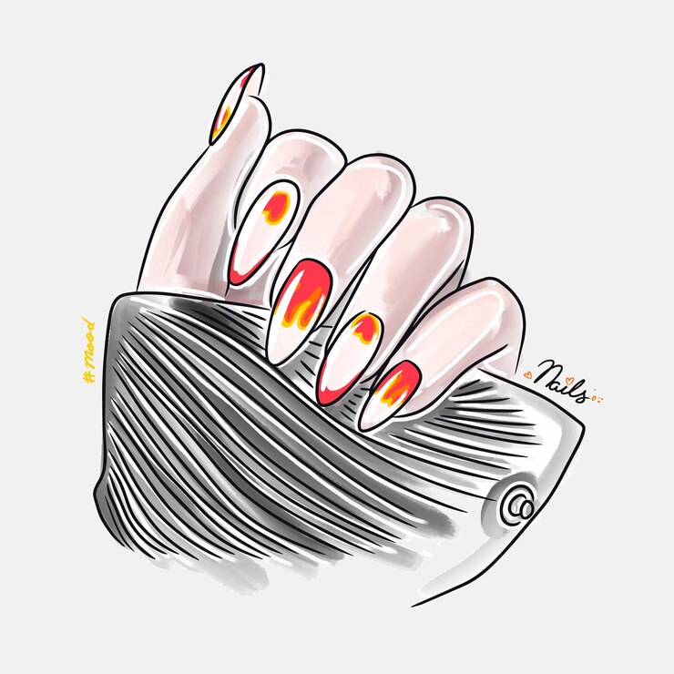 Vetor mão feminina com unhas compridas design de unhas na moda humor de manicure de moda