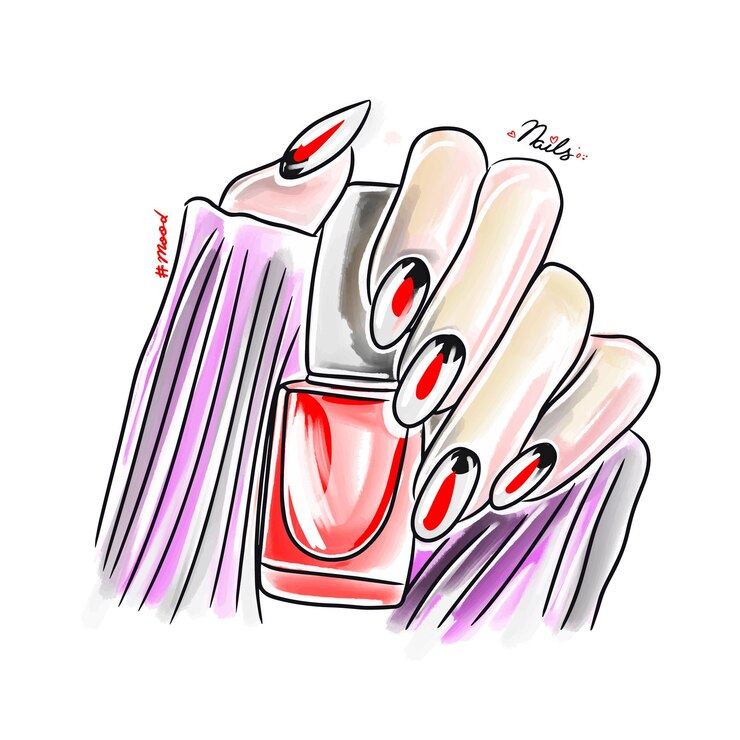 Vetor mão feminina com unhas compridas segura esmalte na moda design de unhas