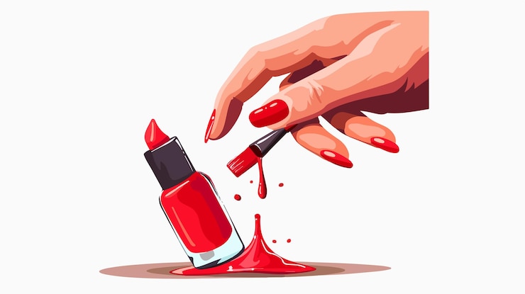 Vetor mão feminina elegante com unhas pintadas de vermelho segurando uma escova para aplicação de maquiagem