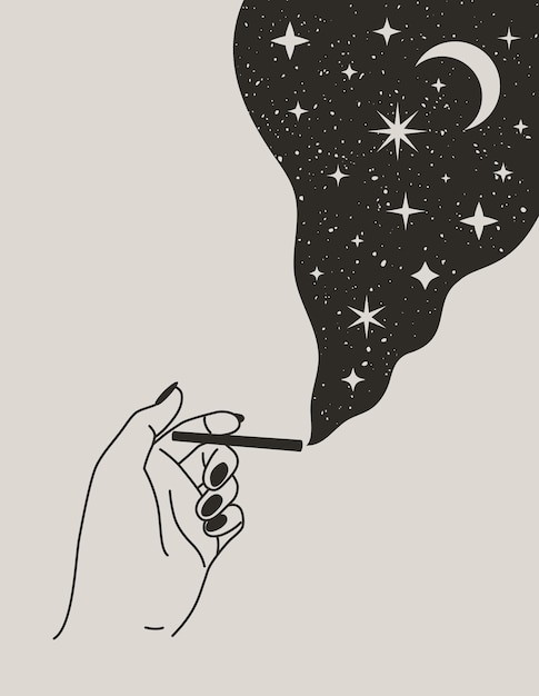 Mão feminina mística segurando o cigarro com a lua e as estrelas no estilo boho moderno. ilustração vetorial para impressão de parede, camiseta, desenho de tatuagem, para postagem em mídia social e histórias