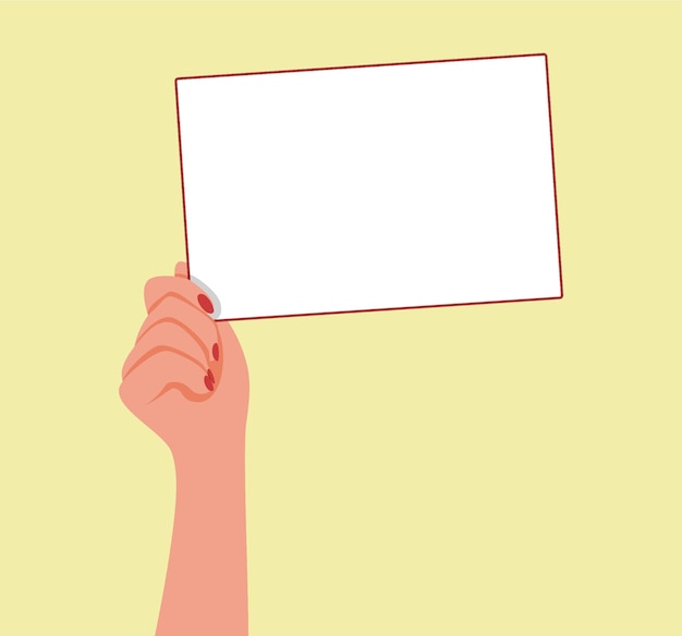 Mão feminina segura uma folha de papel em branco em branco. ilustração em estilo simples