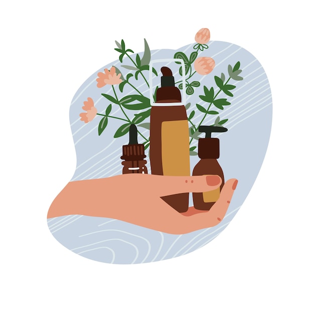 Mão feminina segurando diferentes tubos de cosméticos orgânicos e garrafas com plantas e ramos. Ilustração desenhada mão plana.