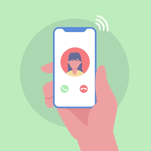 Mão feminina segurando smartphone com aplicativo móvel de chamada recebida para exibição de dispositivo eletrônico de comunicação com botões Ilustração em vetor gadget moderno